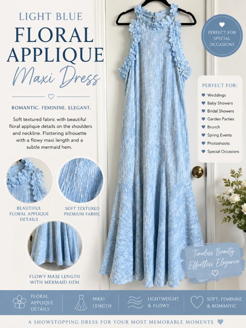 Light Blue Floral Applique Maxi Dress Romantic Lace Formal Wedding Guest Dress